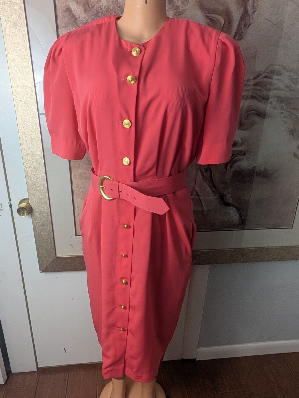 Vtg 80s Ms Chaus Coral Pink Secretary Shirt Dress Gold Buttons Belt Midi Sz 14
